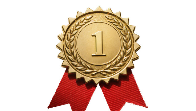 Golden first place medal with red ribbon, isolated on transparent background