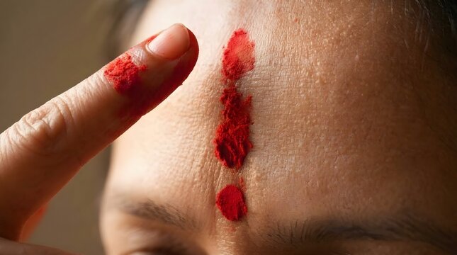 Close up of finger applying sacred red kumkum powder tilak mark on forehead during traditional Hindu religious prayer puja ceremony.