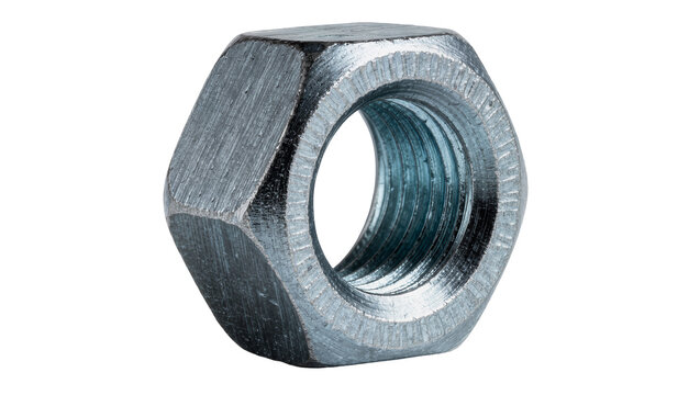 Hexagonal metal nut with internal threads, isolated on transparent background