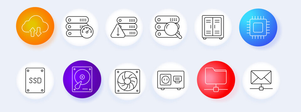 Servers set icon. Sync cloud, speed rack, alert rack, search, server cabinet, processor chip, ssd drive, hard disk, cooling fan, power unit, network folder, email server.