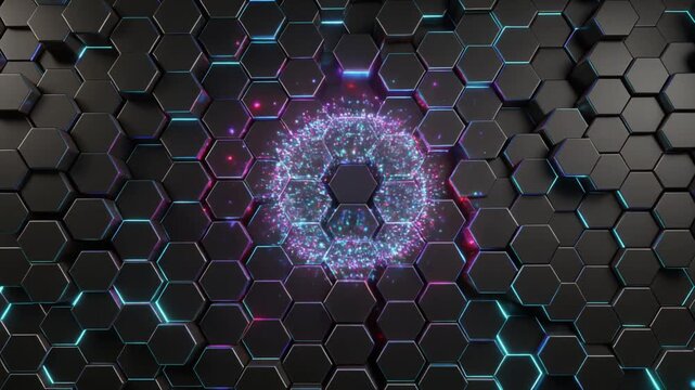 Abstract Hexagonal Technology Background with Glowing Energy Orb