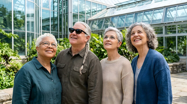 Senior, people and greenhouse with group in botanical garden for travel, retirement and leisure activity. Friends, diverse and together with nature, plant and glasshouse for curiosity and joy in life
