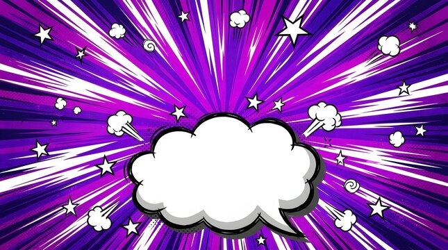Explosion effect with bright purple light rays and starburst sparkles in comic style speech bubble 