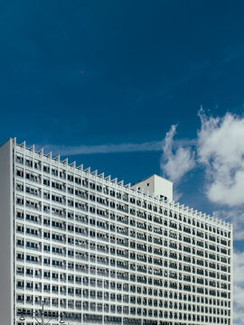 Modernist high-rise office building facade in Berlin