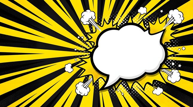 Explosion comic speech bubble with bright yellow rays and lightning bolts