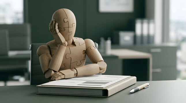Problem solving, mannequin and puzzle in office for boredom, burnout or stress at work. Wooden figure, corporate and employee with folder for mental health, frustration and management strategy now