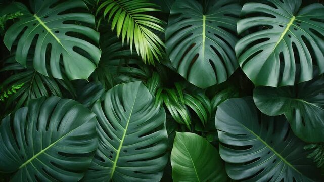 Lush Green Tropical Leaves Background - Monstera and Ferns