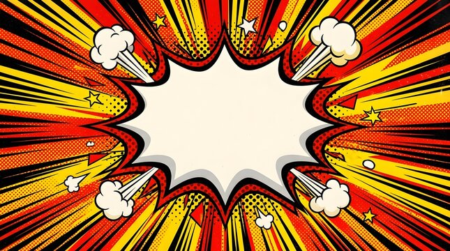 Bright comic explosion with dynamic light rays and speech bubbles