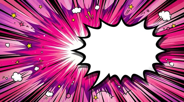 Bright comic style explosion with stars and speech bubbles in vibrant pink and purple