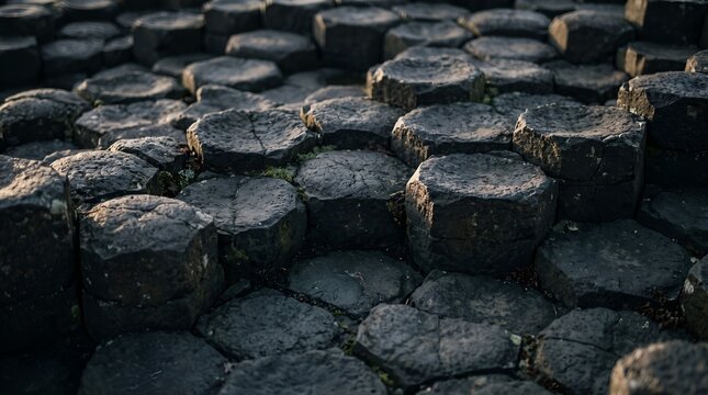 A close-up view of dark, hexagonal basalt columns forming a natural geometric rock pattern.