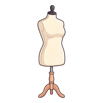 Mannequin, tailor dummy and dressmaker form on wooden stand for fashion design, garment sewing and boutique display. Clothing, sewing equipment and torso with craft, atelier and studio workshop