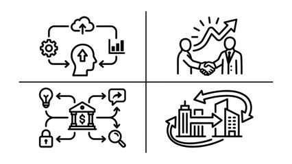 Fototapeta premium Business Concepts Collage: A collage of four icons representing business concepts: data analysis and learning, partnership and agreement, financial institution and security.
