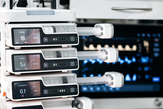 Infusion pumps deliver propofol, fentanyl and norepinephrine during anesthesia in a modern operating room.