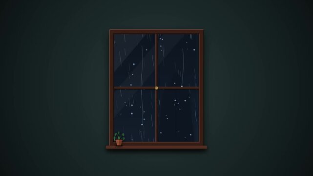 Rainy night window view from inside a dark room