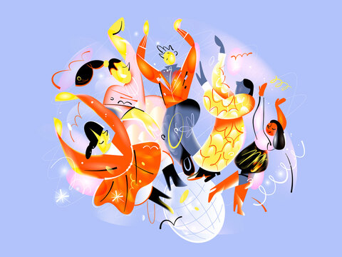 diverse people dancing together on the globe