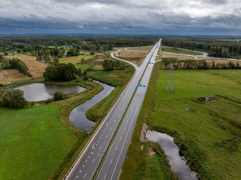 Aerial View of A7 Highway Interchange and Ķekavas River near Ķekava, Latvia