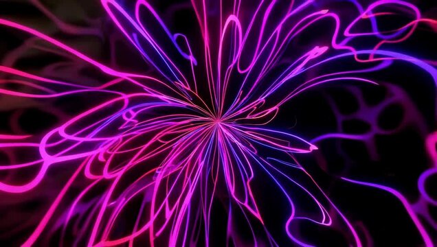 Abstract flow of bright pink and blue neon waves against a dark background. / Flujo abstracto de ondas de ne&oacute;n rosa y azul brillante sobre un fondo oscuro
