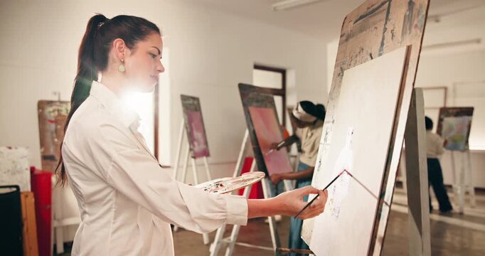 Painting, smile and class with woman in workshop for creative, inspiration and brush stroke technique. Watercolor project, artist hobby and canvas with people in studio for design, drawing and art