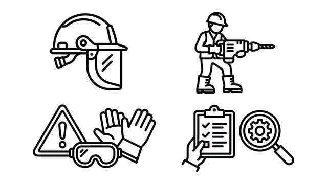 Construction Safety Icons: A set of four monochrome icons representing essential safety equipment and procedures for construction work, including a helmet with face shield, worker with drill.