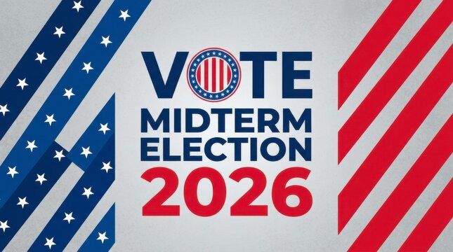 Vote Midterm Election 2026 banner with American flag stars and stripes design for political campaigns and civic engagement