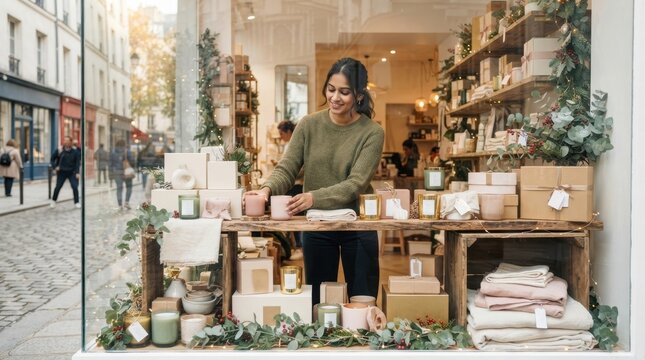 Charming Boutique Display: A smiling woman arranges products in a beautifully curated boutique window display, showcasing artisanal goods against a backdrop of a European street.