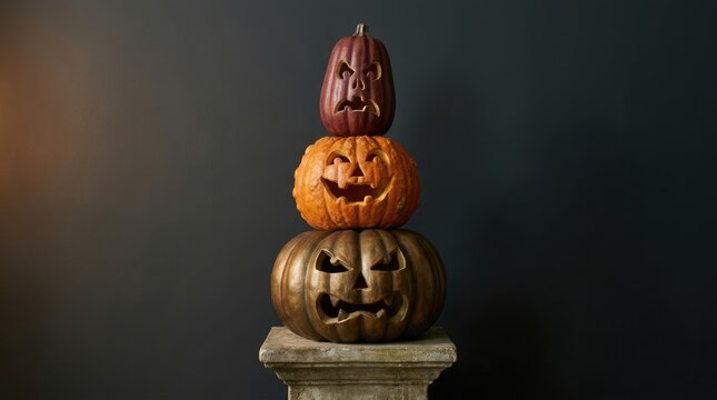 3d Halloween trick or Treat abstract background design new 2026 Three carved jack o lanterns stacked on a pedestal for halloween decoration illustration