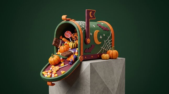 3d Halloween trick or Treat abstract background design new 2026 Creative halloween candy machine with colorful sweets and pumpkins illustration