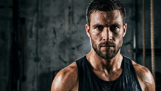 Intense Sweat Drenched Man Portrait Close up Fitness Motivation Gym Workout