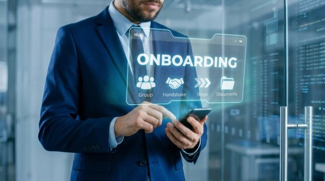 Businessman in a suit using a smartphone with a digital overlay of "ONBOARDING" and related icons, representing new employee integration and HR processes.