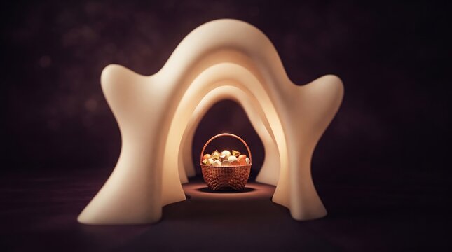 3d Halloween trick or Treat abstract background design new 2026 Creative star-shaped sculpture with basket of eggs on display illustration