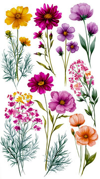 A colorful illustration of various flowers with different shapes sizes and colors