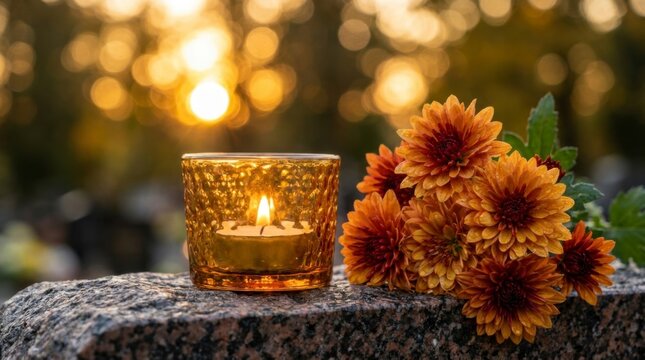 Burning candle in glass holder and orange chrysanthemum flowers on a granite tombstone at sunset, symbolizing remembrance and loss