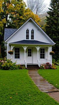A white house with a black roof surrounded by a well-maintained garden with flowers and trees
