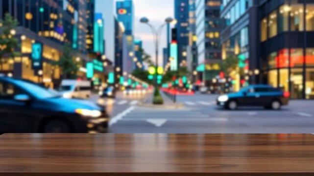 Empty dark wooden tabletop with softly blurred evening city lights for modern premium product presentation.