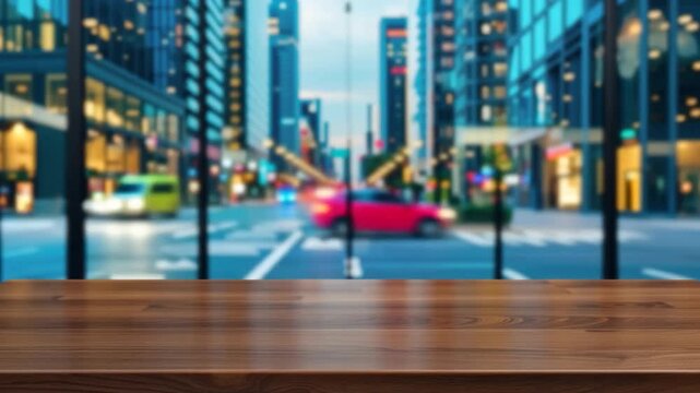 Empty dark wooden tabletop with softly blurred evening city lights for modern premium product presentation.
