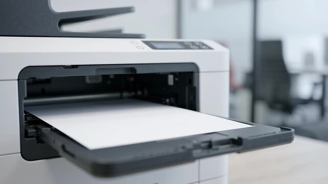 A modern office printer feeds a blank white sheet into its output tray in a clean workplace technology scene.
