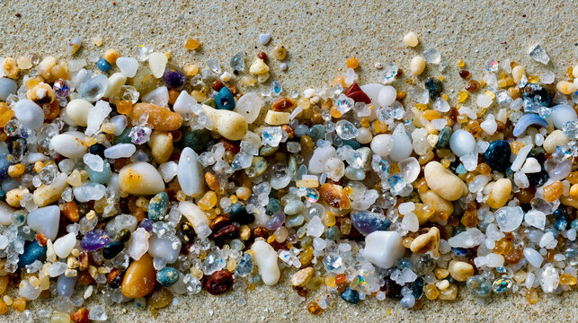 A close-up photograph of a collection of colorful pebbles and crystals with a variety of shapes and sizes arranged on a textured surface