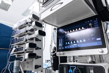 Obraz premium Anesthesia and patient monitoring equipment used during surgery in a modern operating theatre.