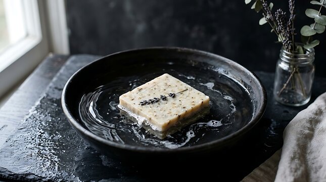 Handmade soap bar with lavender and botanicals soaking in water