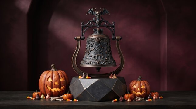 3d Halloween trick or Treat abstract background design new 2026 Halloween-themed witch statue with carved pumpkin and skull decoration on dark background illustration