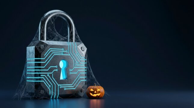 Digital padlock with glowing circuit board design and spider web, next to a small Halloween pumpkin, symbolizing cybersecurity threats during holiday season
