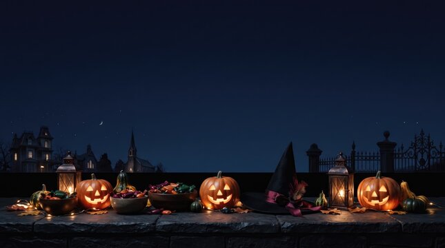 3d Halloween trick or Treat abstract background design new 2026 Halloween pumpkins with carved faces lit on a rooftop at night with city skyline in background illustration