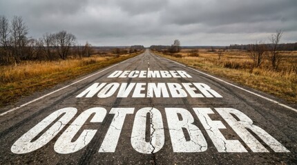 Fototapeta premium October, November, December text on a long, empty, cracked asphalt road leading into the distance under a dramatic cloudy sky