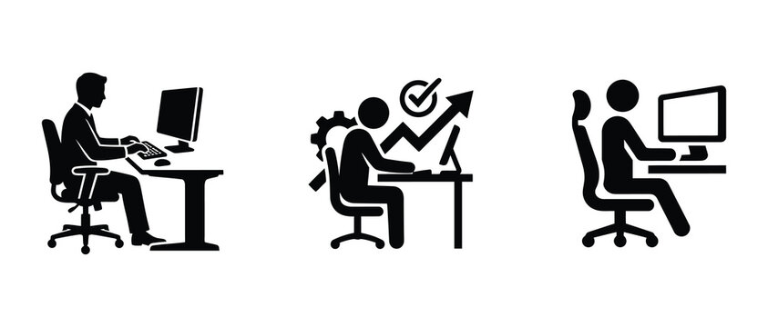 office worker illustrations showing computer use and productivity with transparent background