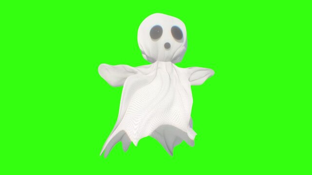 Cute Halloween Ghost Character with Flowing Fabric and Wide Eyes on green loop Background 3d render