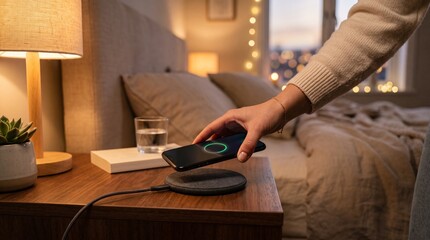 Fototapeta premium Smartphone Wireless Charging on Nightstand Photo