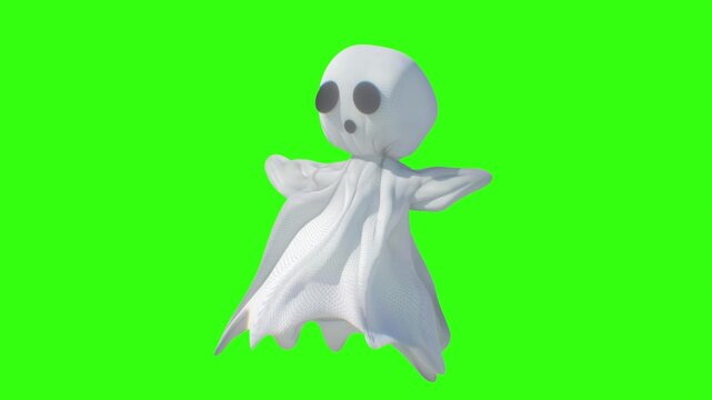 Cute Halloween Ghost Character with Flowing Fabric and Wide Eyes on green loop Background 3d render