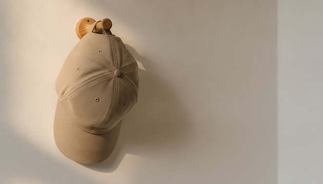Beige cap hanging on a wooden hook