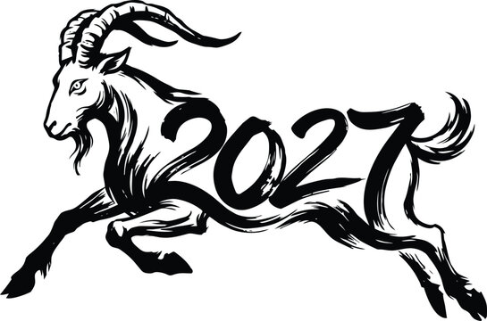 2027 Chinese New Year Year of the Goat Zodiac Design with Goat Calligraphy, Lunar Calendar Symbol and Traditional Asian Style