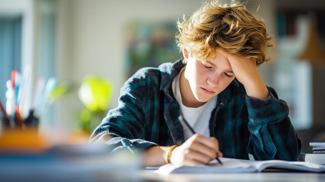 Teenage student studying at home while feeling tired and stressed, writing in a notebook at a desk, representing academic pressure, education, concentration and student mental health.